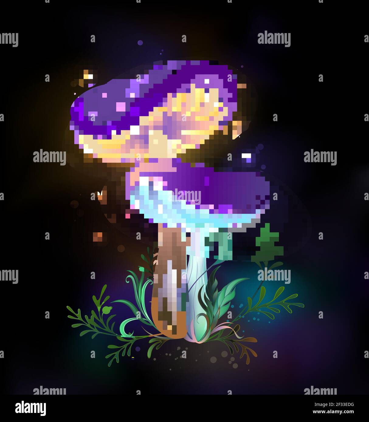 Due funghi magici, brillanti e maturi, con capsulette viola con zampe gialle su sfondo nero brillante. Funghi favolosi. Illustrazione Vettoriale