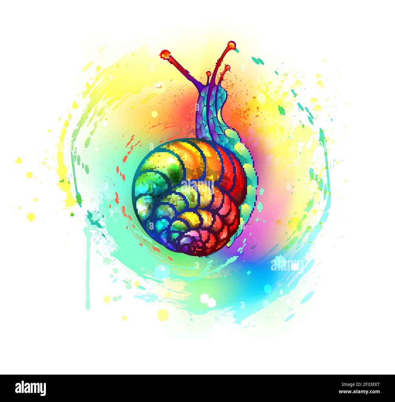 Artisticamente disegnata, luminosa, lumaca arcobaleno strisciata su sfondo bianco dipinto con vernice multicolore. Rainbow lumaca. Illustrazione Vettoriale