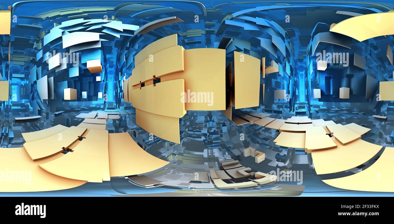 labirinto alieno a 360 gradi, sfondo labirinto astratto, proiezione equirettangolare, mappa ambientale. Panorama sferico HDRI. illustrazione 3d Foto Stock