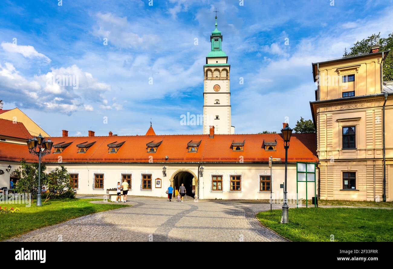 Zywiec, Polonia - 30 agosto 2020: Porta principale per il Palazzo degli Asburgo, il Castello Vecchio e il Parco del Castello di Zywiec con la torre della Cattedrale nel centro storico della città Foto Stock