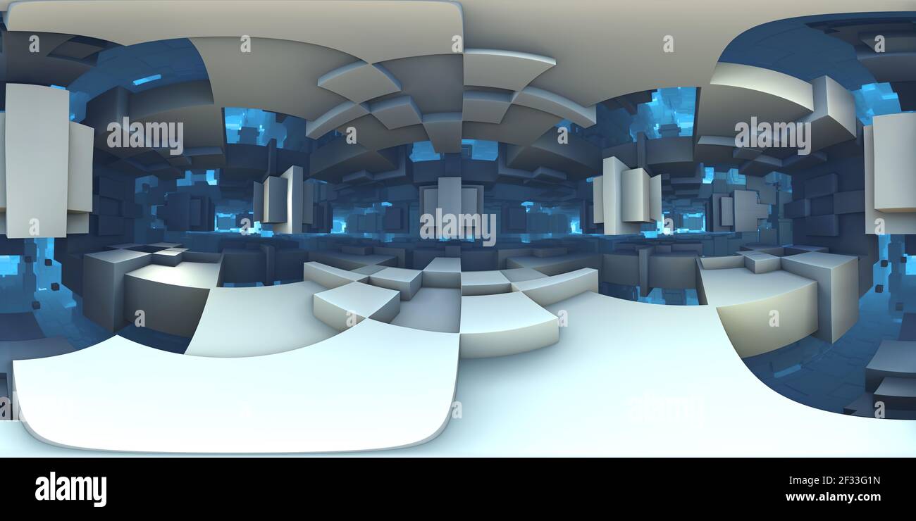 labirinto alieno a 360 gradi, sfondo labirinto astratto, proiezione equirettangolare, mappa ambientale. Panorama sferico HDRI. illustrazione 3d Foto Stock