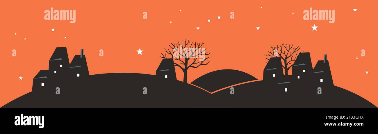 Paesaggio cartoon con case e alberi Illustrazione Vettoriale