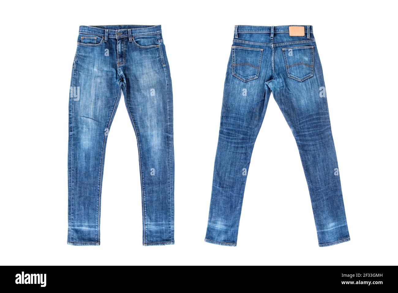 Uomini jeans blu isolato su sfondo bianco, vista anteriore e posteriore Foto Stock