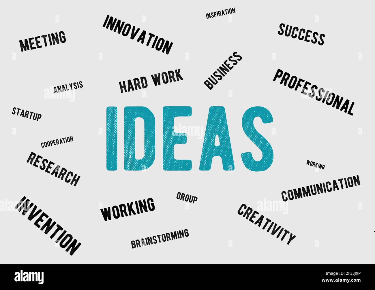 Concetto di idee. Parole di affari in sfondo bianco con termine di idee di colore blu. Business icona e simbolo idea. Business parole chiave con business icone Foto Stock