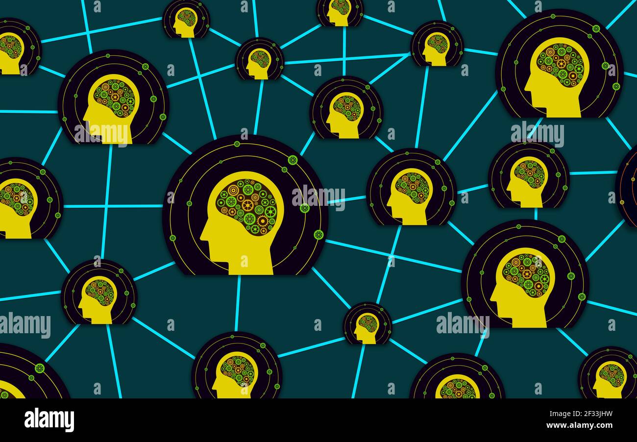illustrazione di una rete umana robotica, intelligenza artificiale e cervello umano. Concetto di connessione artificiale Foto Stock