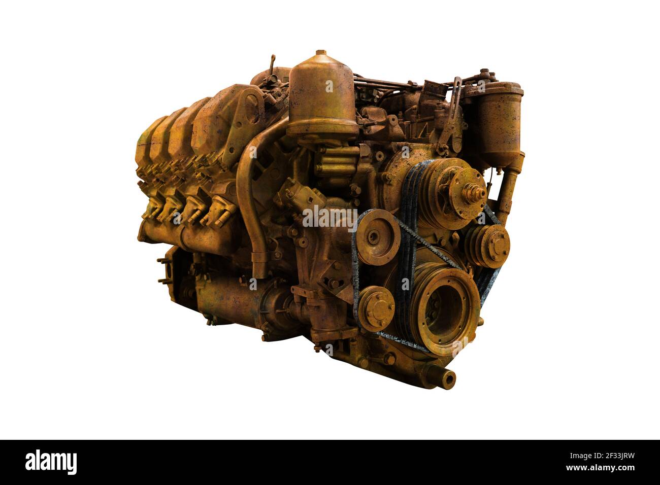 Vecchio motore diesel arrugginito isolato su sfondo bianco Foto Stock
