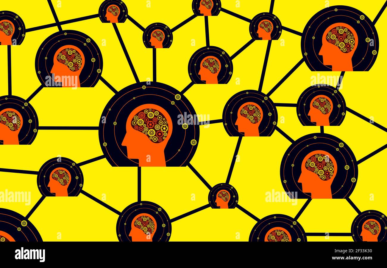 Rete intelligente umana e concetto di intelligenza artificiale. Ingranaggi e cervello umano si collegano tra loro, interazione mentale e connessione tra Foto Stock
