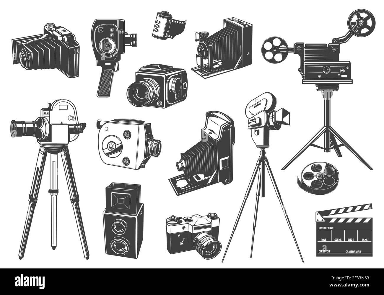 Fotocamere e videocamere retrò, icone dei proiettori cinematografici. Home movie, fotocamere full e medium format, rotolo di pellicola da 35 mm e scacchiera con incisione VEC Illustrazione Vettoriale Fotocamere e videocamere retrò, icone dei proiettori cinematografici. Home movie, fotocamere full e medium format, rotolo di pellicola da 35 mm e scacchiera con incisione VEC Illustrazione Vettoriale