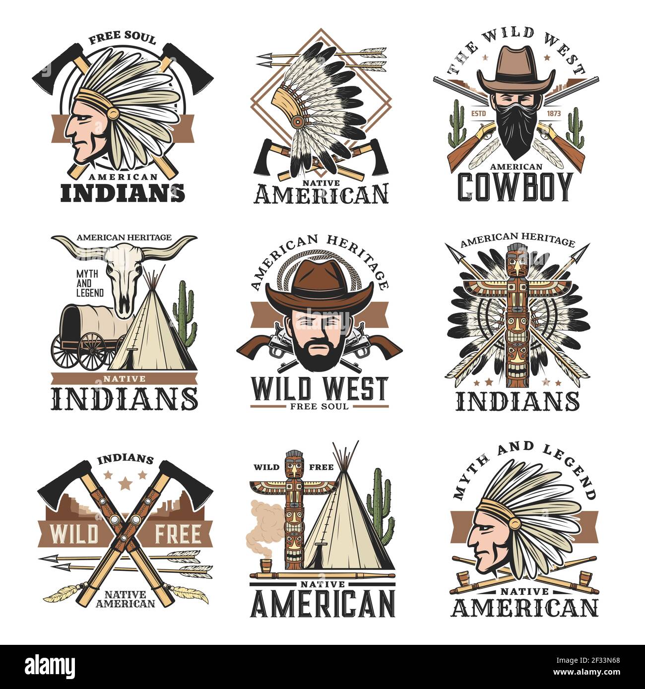 Wild West isolato vettore icone cowboy, pipe e idolo, ranger americano occidentale in cappello con pistole. Arrow e vintage wagon, capo indiano. Rivoluzioni, wi Illustrazione Vettoriale