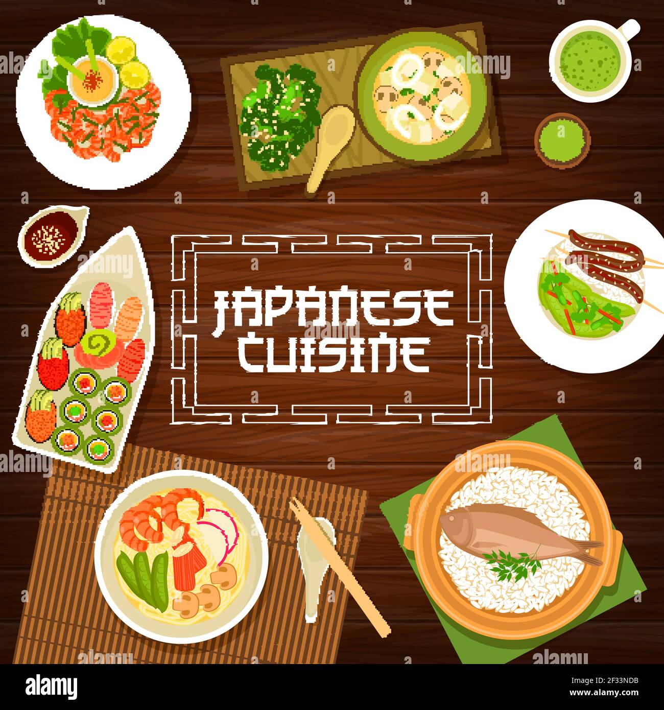 Cibo giapponese, menù di cucina giapponese, noodles ramen e sushi, piatti ristorante  vettoriale. Cucina giapponese cibo tradizionale piatti di pesce ramen  noodles Immagine e Vettoriale - Alamy
