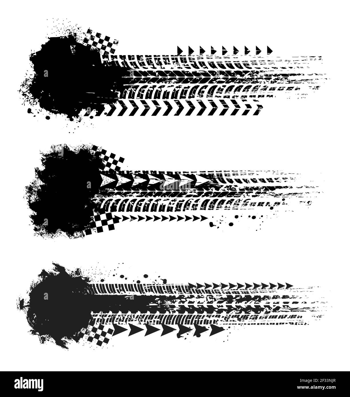 Sport offroad, stampe con bandiera a scacchi e frecce, gomme da auto pista grunge segni vettoriali. Gara di auto o moto, torneo di rally. Astra Illustrazione Vettoriale