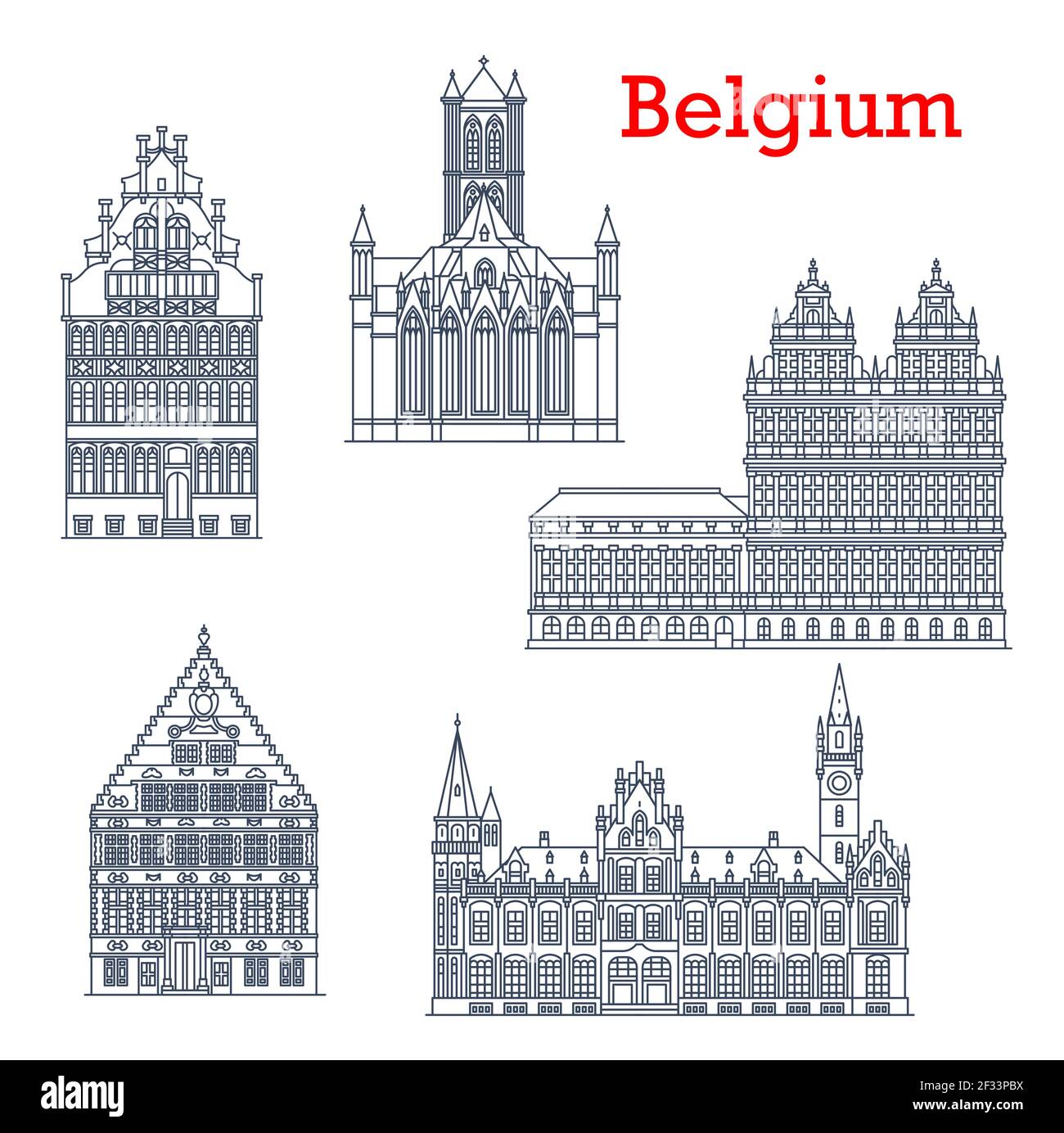 Belgio viaggio monumenti storici, architettura di Gand, edifici e chiese cattedrale, icone vettoriali. Municipio di Gent mairie, Chiesa di San Nicola Sint Niklaa Illustrazione Vettoriale