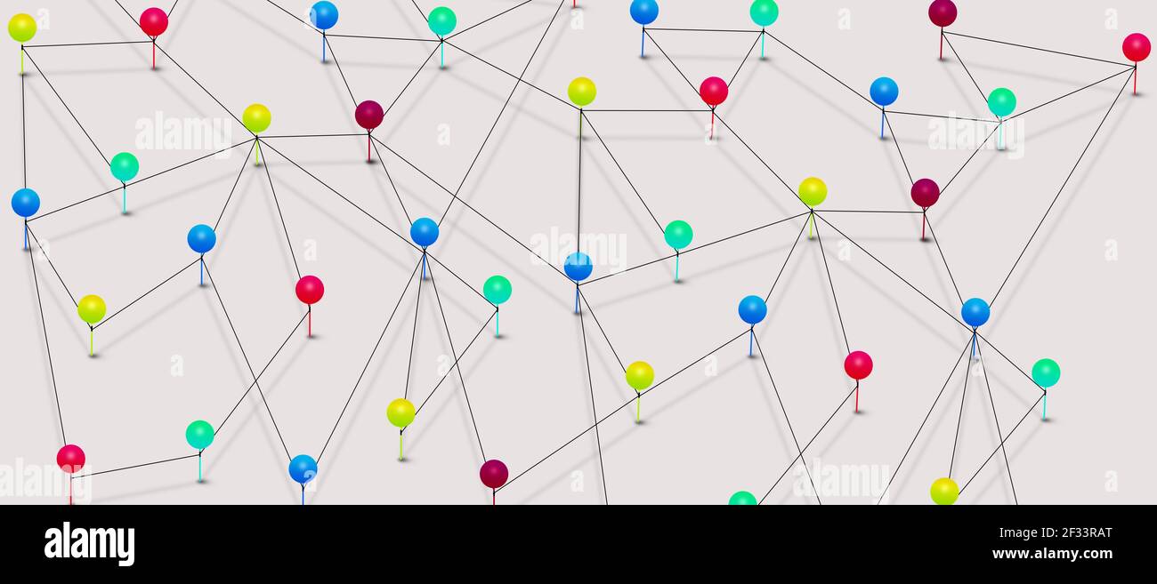 Perni collegati con tubazioni. Struttura atomica 3D. Abstract del social networking e concetto di interazione tra persone. Connessione, internet e rete creativa Foto Stock