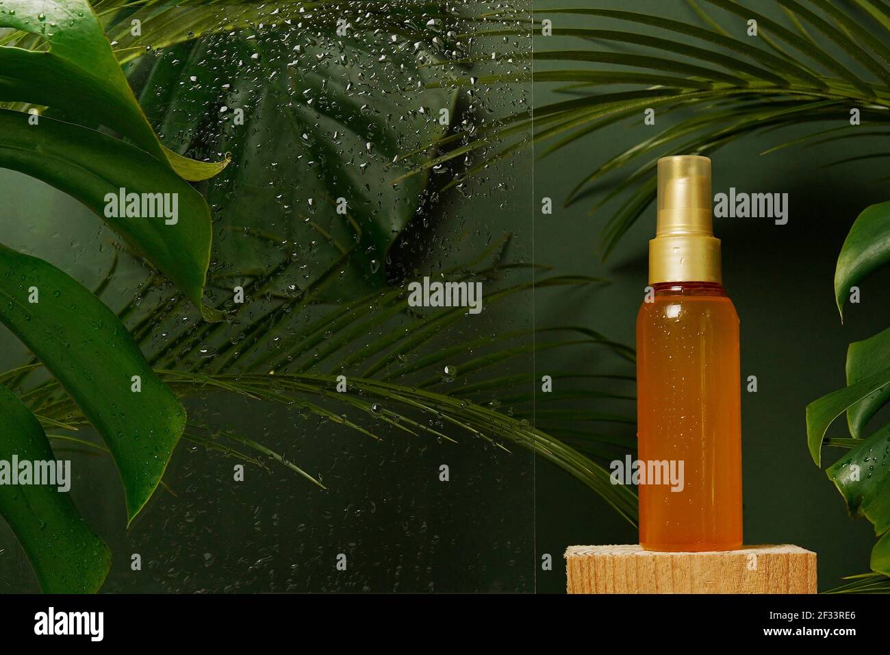 Olio cosmetico fluido siero viso in bottiglia con foglie tropicali verdi fresche e gocce d'acqua su sfondo verde. Sci ecologico naturale di bellezza Foto Stock