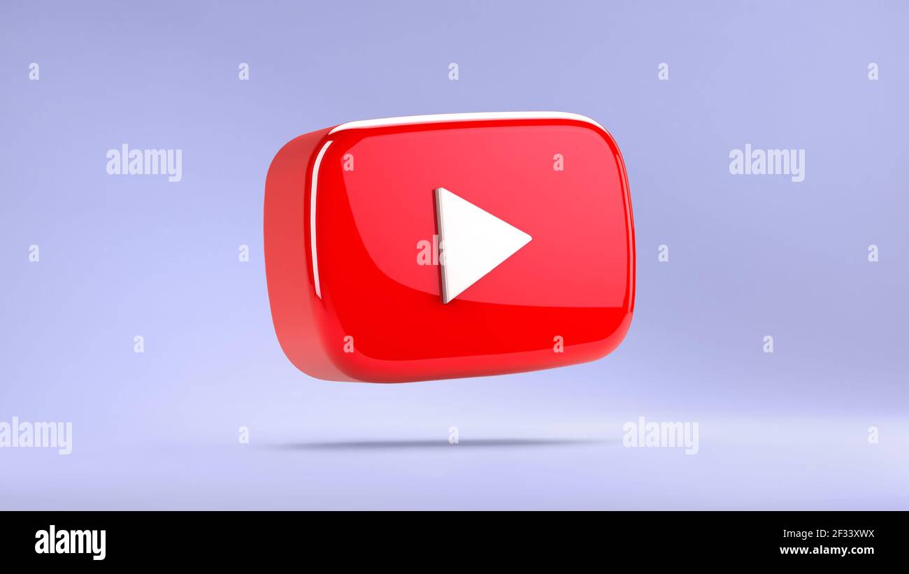 Valencia, Spagna - Marzo, 2021: Pulsante di riproduzione di YouTube isolato nel rendering 3D. Icona del video del tubo, banner rosso con il simbolo del logo, firma dei social media, ap mobile Foto Stock