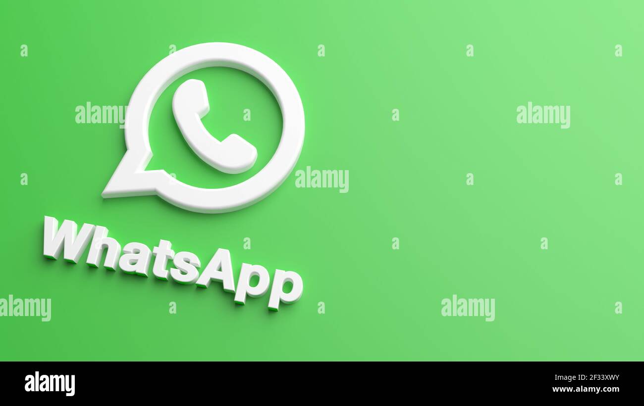 Valencia, Spagna - Marzo, 2021: Icona WhatsApp isolata su sfondo verde nel rendering 3D. WhatsApp è un social network online. Social media Foto Stock