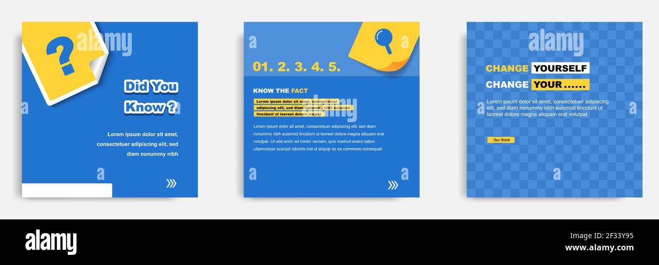 Tutorial sui social media, suggerimento, trucco, suggerimenti rapidi, modello di layout con sfondo geometrico di colore blu, bianco, giallo. Illustrazione vettoriale Illustrazione Vettoriale