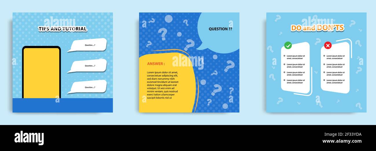 Tutorial sui social media, suggerimento, trucco, suggerimenti rapidi, modello di layout con sfondo geometrico di colore blu, bianco, giallo. Illustrazione vettoriale Illustrazione Vettoriale