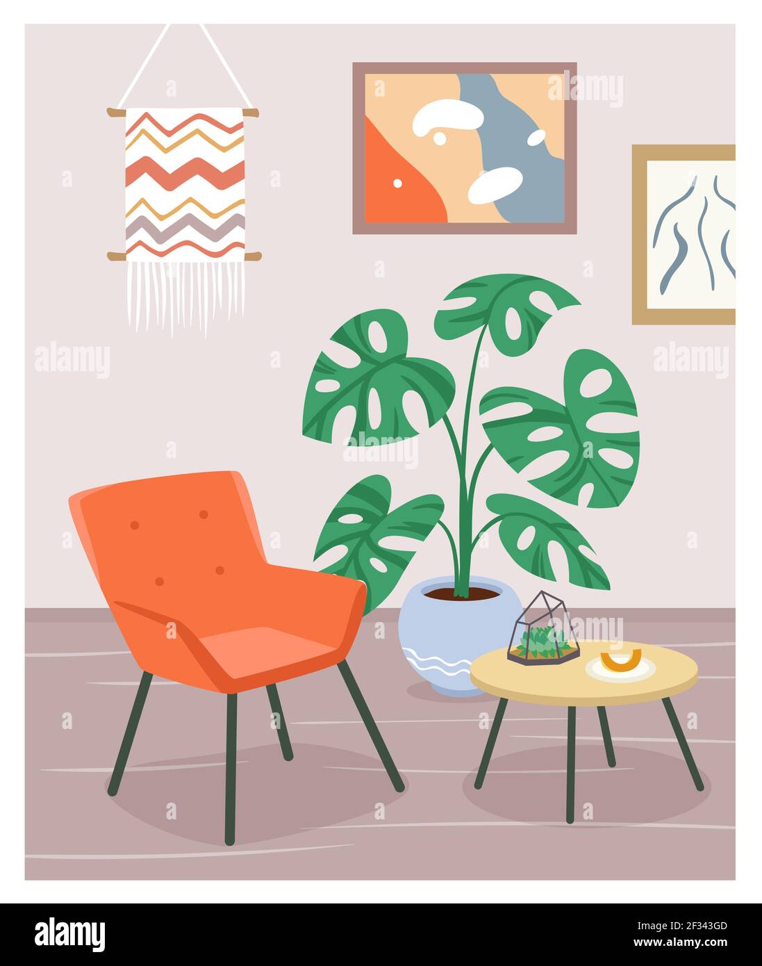 Interni di casa boho, poltrona moderna, mobili di soggiorno, casa scandinava accogliente Illustrazione Vettoriale