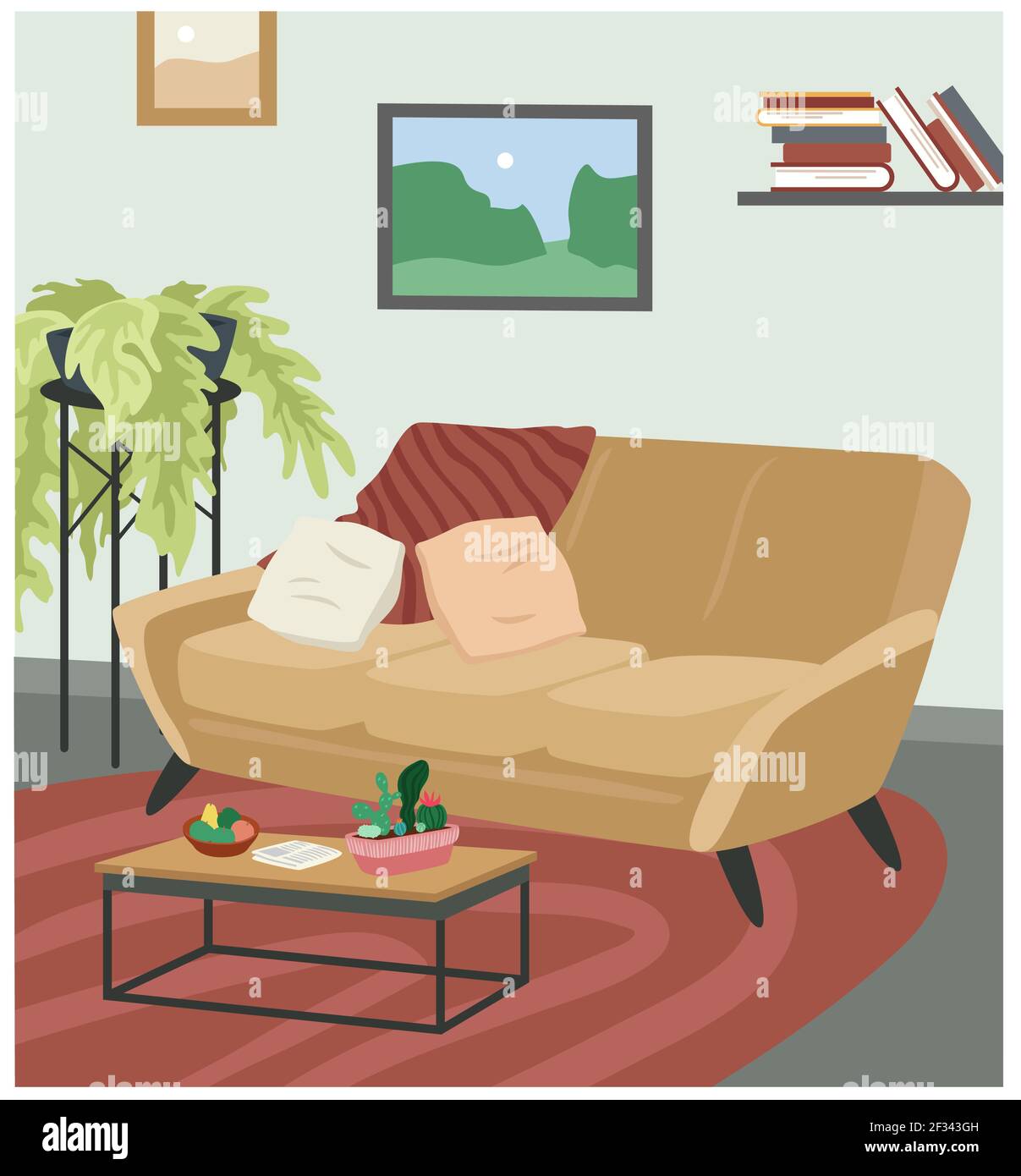 Divano letto in stile scandinavo interno accogliente, confortevole soggiorno casa appartamento Illustrazione Vettoriale