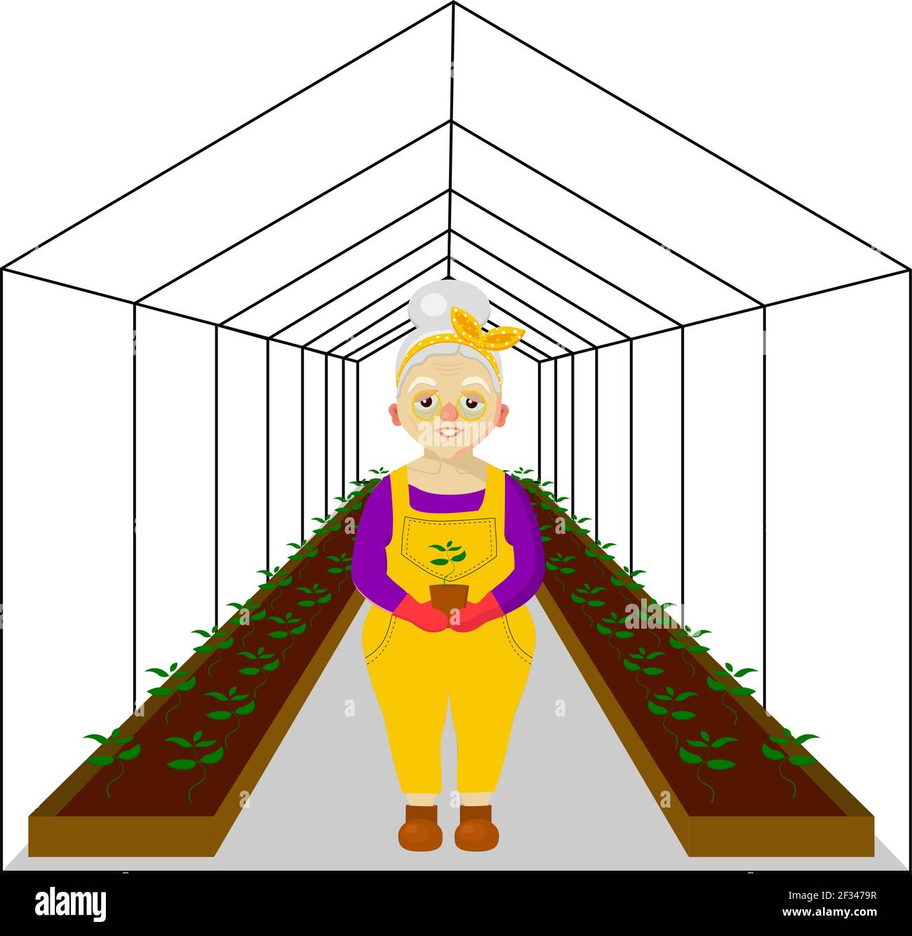 Donna vicino alla serra. Serra per piante. Lavoro di primavera nel giardino e orto garden.Vector illustrazione. Illustrazione Vettoriale