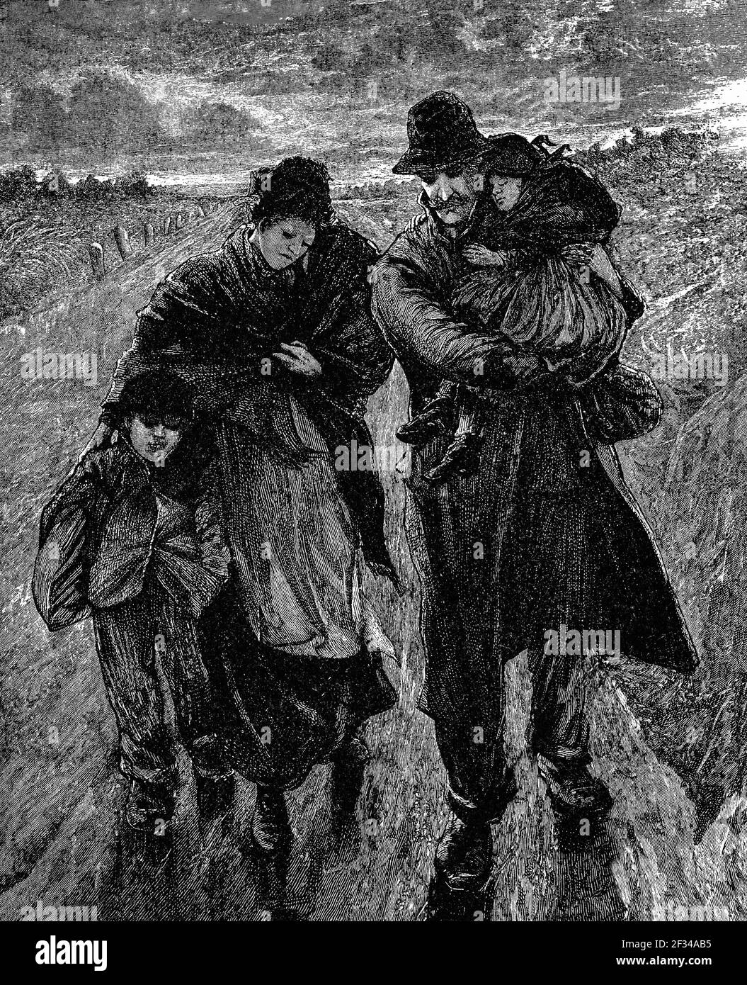 Molti dei proprietari terrieri assenti britannici nell'Irlanda del XIX secolo, si sono resi conto che potevano ottenere un reddito più elevato trasformando le loro proprietà in pascolo che continuare con la vecchia pratica di raccogliere le rendite dagli agricoltori inquilini. Per consentire lo sfratto legale gli affitti sono stati aumentati ad un livello impossibile da pagare. L'illustrazione mostra una famiglia di Connemara, County Galway gettata fuori dalla loro casa, facendo il loro modo alla casa povera. Foto Stock