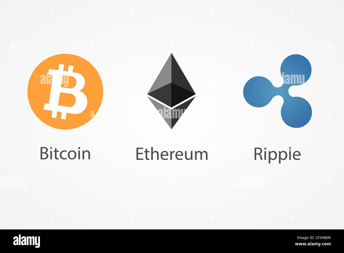 Icone vettoriali di Bitcoin, Ethereum, Ripple Coins. Simboli di criptovaluta isolati su sfondo bianco. Illustrazione Vettoriale