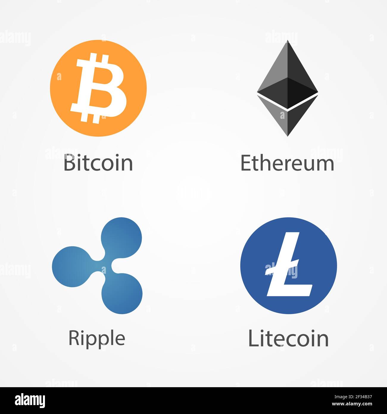 Bitcoin, Ethereum, Ripple, Litecoin monete icone vettoriali. Simboli di criptovaluta isolati su sfondo bianco. Illustrazione Vettoriale