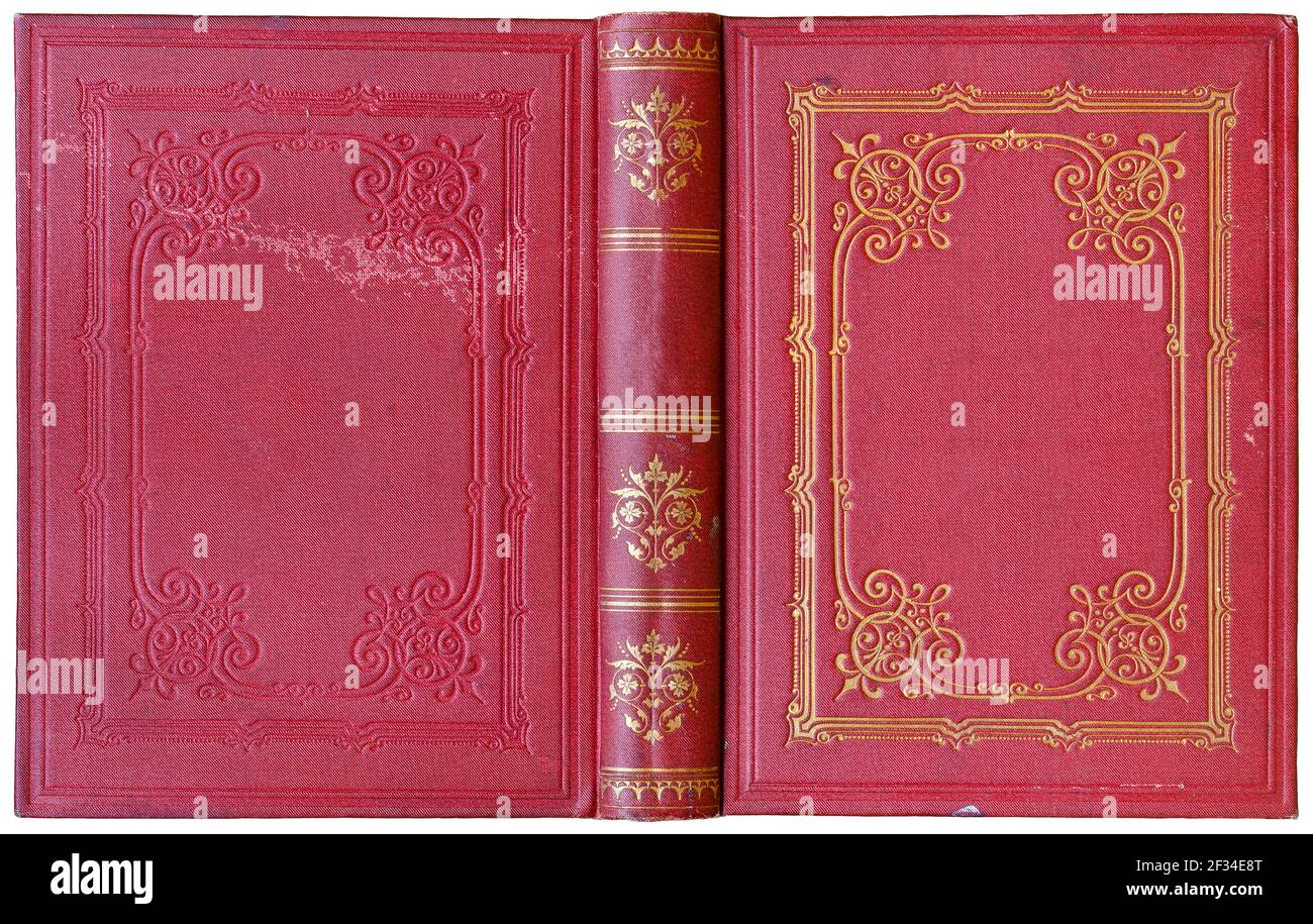 Vecchia copertina di libri antichi aperti in tela rossa con decorazioni  astratte dorate in rilievo (circa 1885), isolata su bianco Foto stock -  Alamy