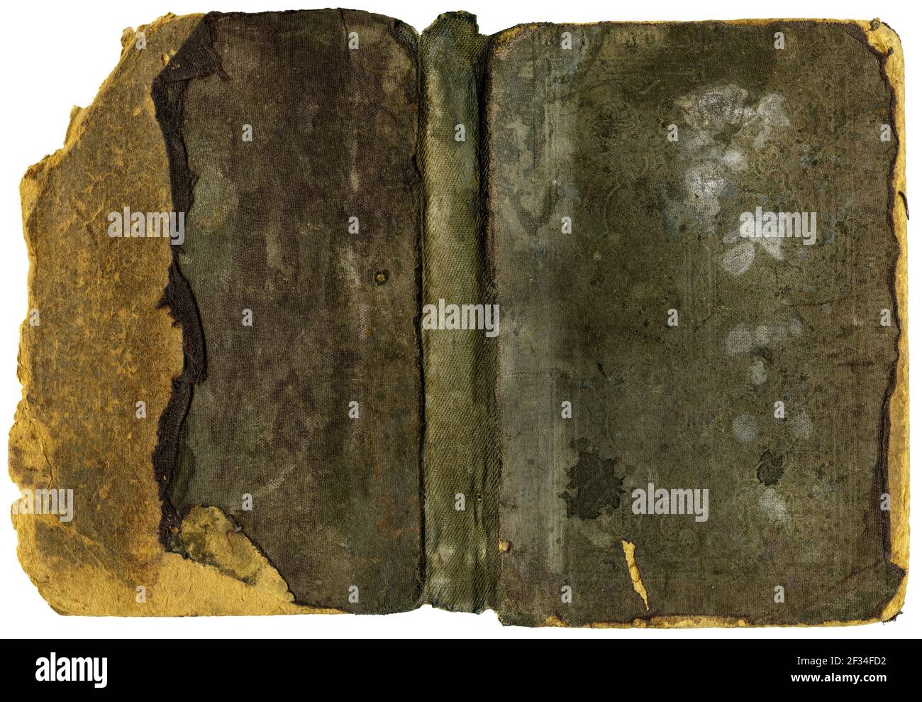 Vecchia copertina del libro aperta danneggiata - tela marrone e cartone - bei dettagli! Foto Stock