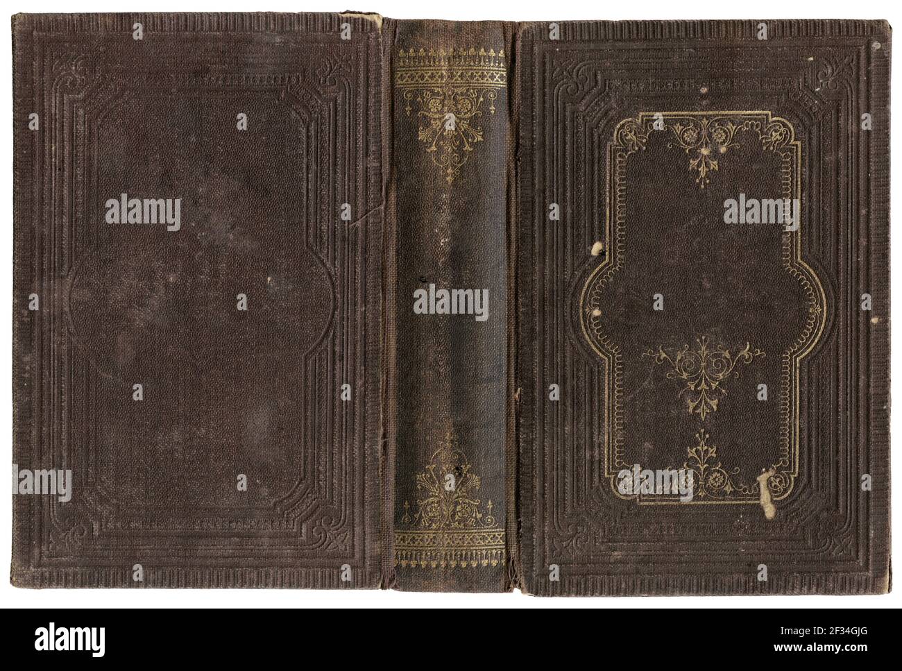 Antica copertina aperta libro in tela marrone decorata - circa 1880 - isolato su bianco - perfetto nei dettagli Foto Stock