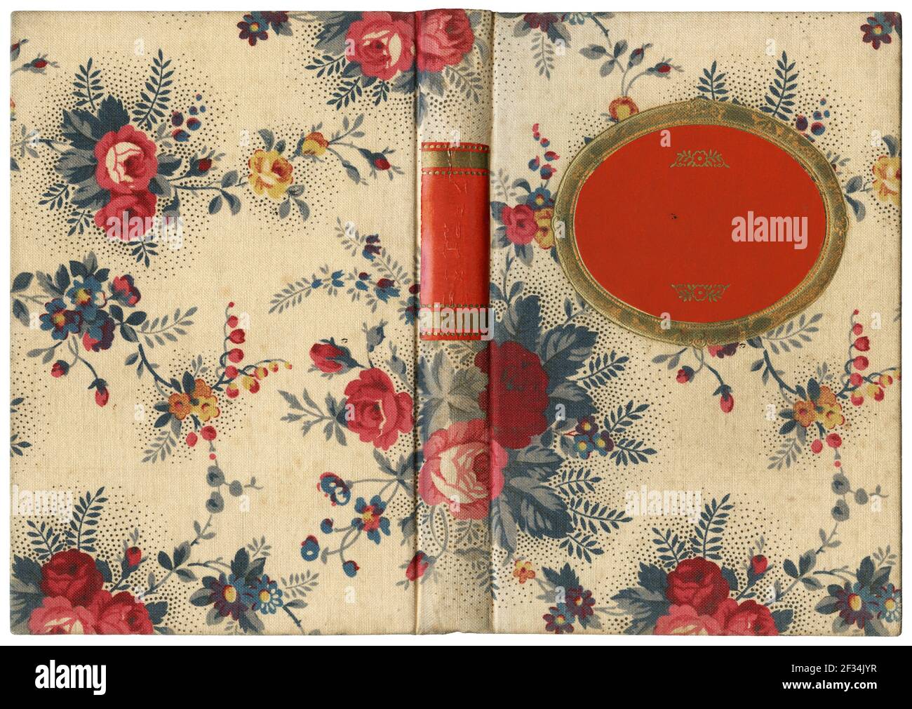 Vecchia copertina del libro aperta in tela con disegno di rose floreali e cornice arrotondata rossa e dorata - isolata su bianco - perfetto nei dettagli Foto Stock