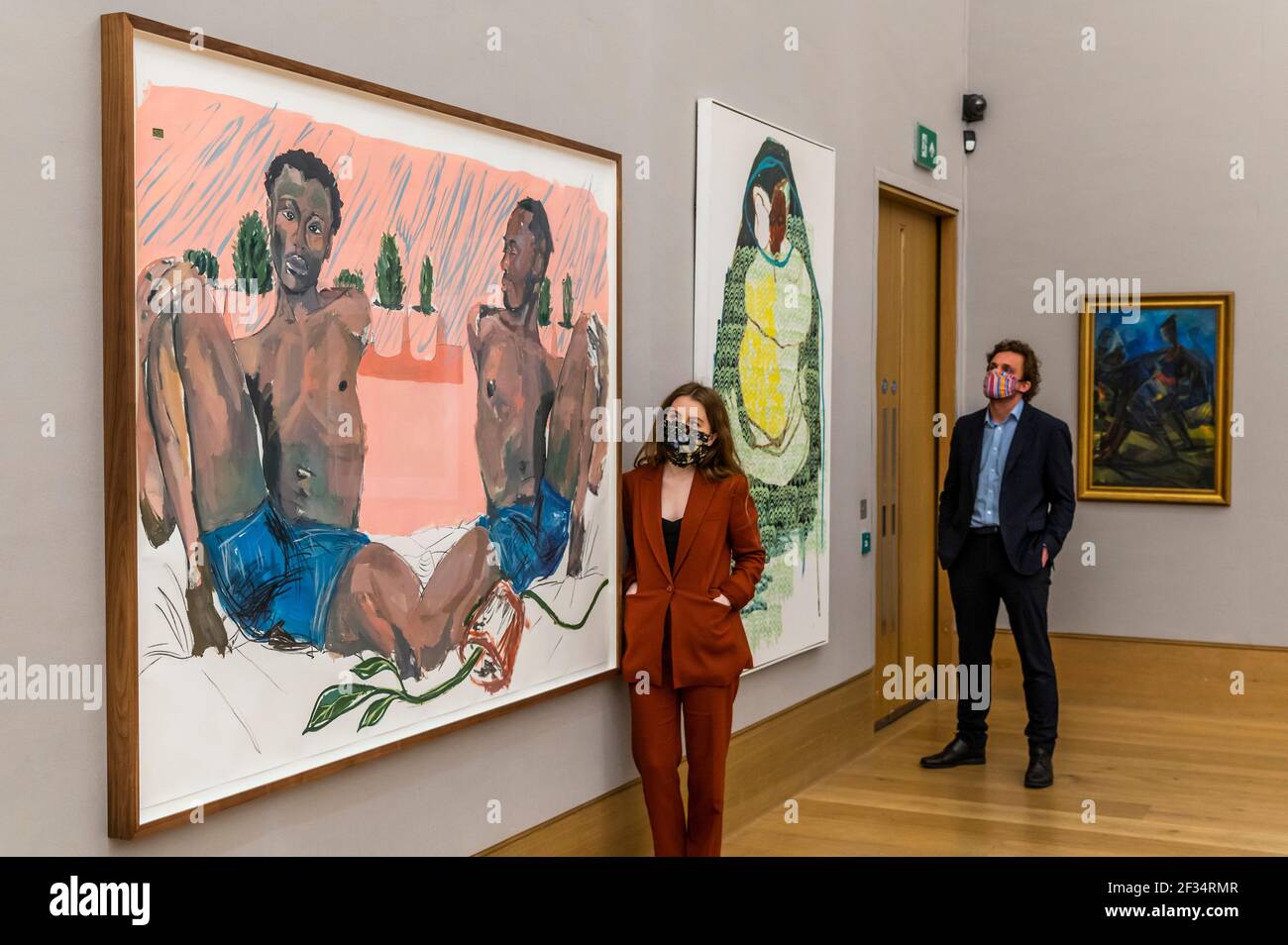 Londra, Regno Unito. 15 marzo 2021. Kudzanai-Violet Hwami (Zimbabwe, nato nel 1993), Adam e Steve si sono Uniti al ginocchio, uno studio. Stima: £30,000 con Portia Zvavahera (Zimbabwe, nato nel 1985) completo, 2014. Preventivo: £60,000 - 90,000 - 50,000 - Anteprima della vendita di arte africana moderna e contemporanea di Bonhams a Bonhams New Bond Street. La vendita stessa avrà luogo mercoledì 17 marzo. Credit: Guy Bell/Alamy Live News Foto Stock