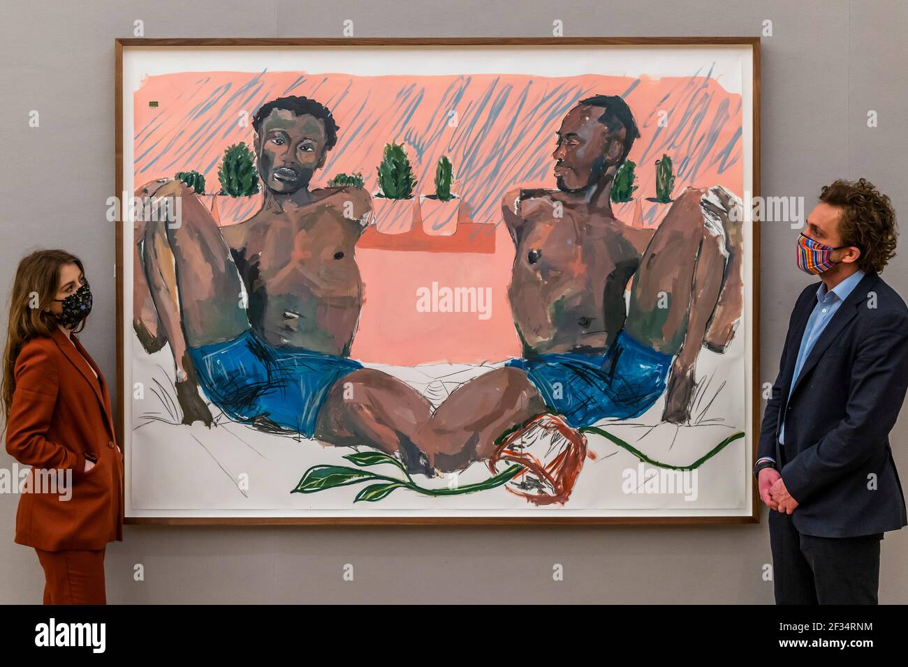 Londra, Regno Unito. 15 marzo 2021. Kudzanai-Violet Hwami (Zimbabwe, nato nel 1993), Adam e Steve si sono Uniti al ginocchio, uno studio. Stima: £30,000 - 50,000. - Anteprima della vendita di arte africana moderna e contemporanea di Bonhams a Bonhams New Bond Street. La vendita stessa avrà luogo mercoledì 17 marzo. Credit: Guy Bell/Alamy Live News Foto Stock