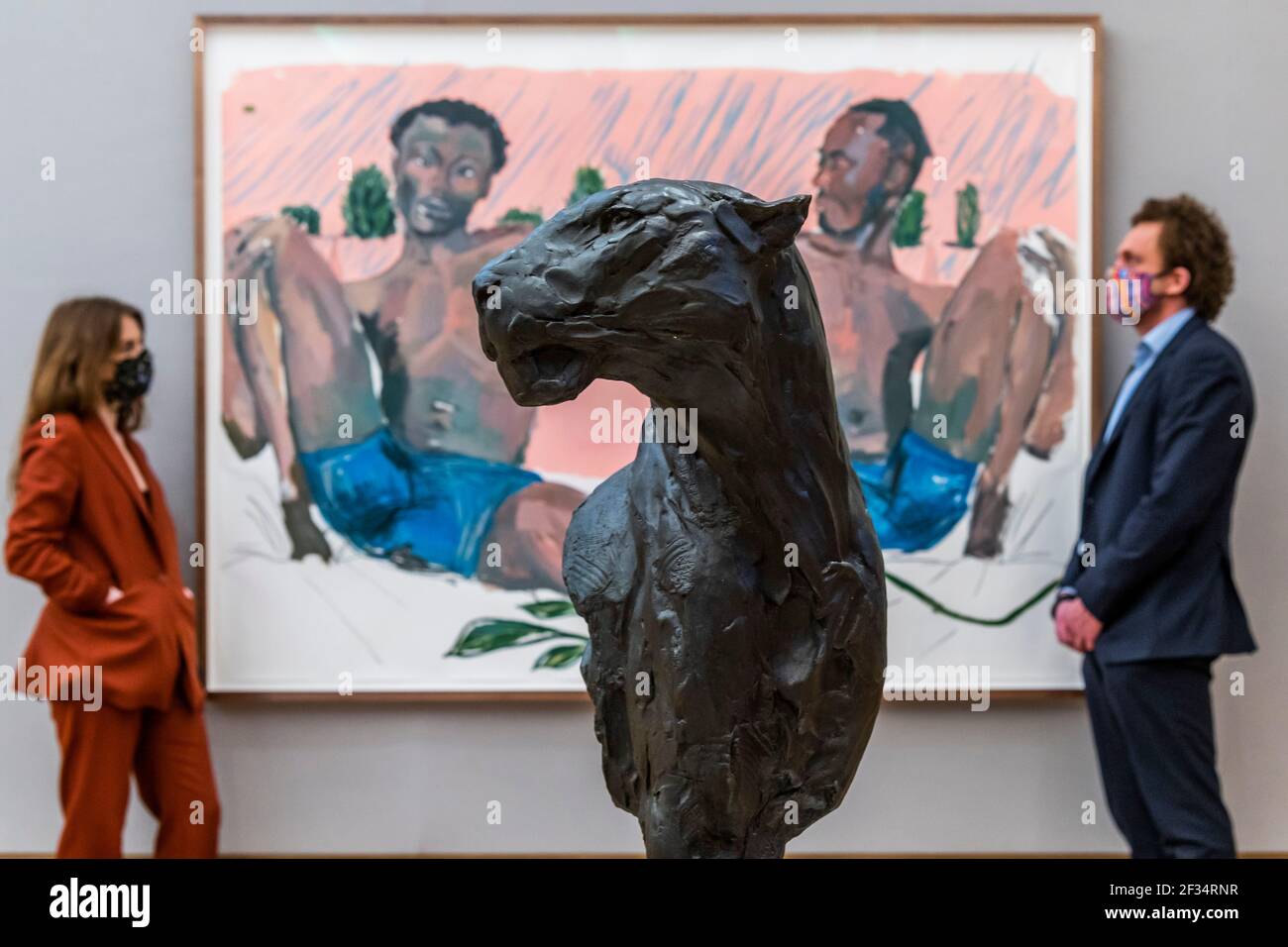 Londra, Regno Unito. 15 marzo 2021. Kudzanai-Violet Hwami (Zimbabwe, nato nel 1993), Adam e Steve si sono Uniti al ginocchio, uno studio. Preventivo: £30,000 - 50,000 con Dylan Lewis, busto leopardo, est £ 6,000 - 9,000 (primo piano) - Anteprima di Bonhams 'Modern & Contemporary African Art sale a Bonhams New Bond Street. La vendita stessa avrà luogo mercoledì 17 marzo. Credit: Guy Bell/Alamy Live News Foto Stock