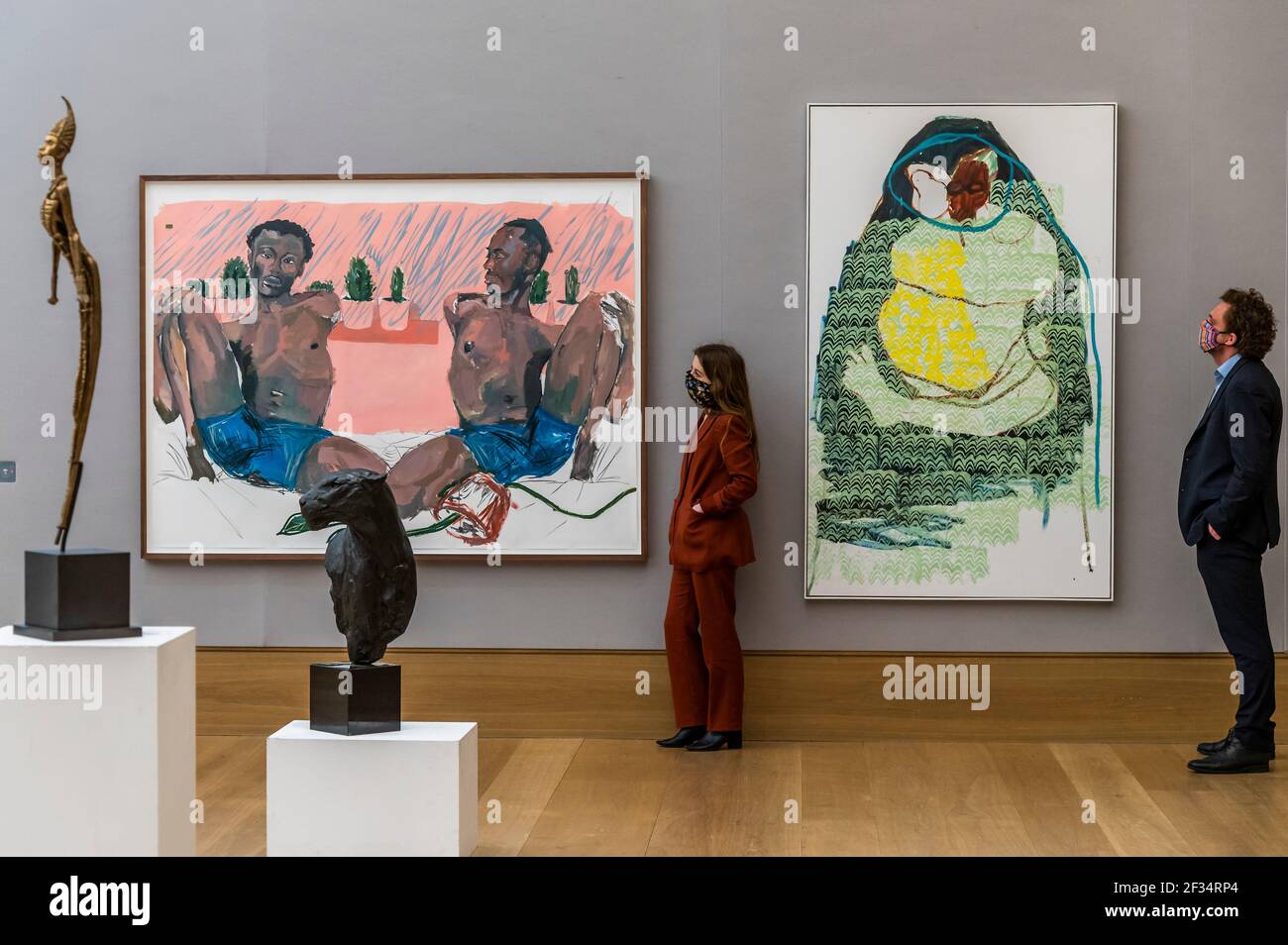 Londra, Regno Unito. 15 marzo 2021. Kudzanai-Violet Hwami (Zimbabwe, nato nel 1993), Adam e Steve si sono Uniti al ginocchio, uno studio. Stima: £30,000 con Portia Zvavahera (Zimbabwe, nato nel 1985) completo, 2014. Preventivo: £60,000 - 90,000 - 50,000 - Anteprima della vendita di arte africana moderna e contemporanea di Bonhams a Bonhams New Bond Street. La vendita stessa avrà luogo mercoledì 17 marzo. Credit: Guy Bell/Alamy Live News Foto Stock