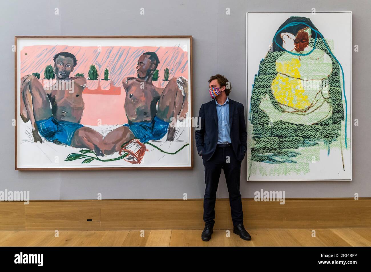 Londra, Regno Unito. 15 marzo 2021. Kudzanai-Violet Hwami (Zimbabwe, nato nel 1993), Adam e Steve si sono Uniti al ginocchio, uno studio. Stima: £30,000 con Portia Zvavahera (Zimbabwe, nato nel 1985) completo, 2014. Preventivo: £60,000 - 90,000 - 50,000 - Anteprima della vendita di arte africana moderna e contemporanea di Bonhams a Bonhams New Bond Street. La vendita stessa avrà luogo mercoledì 17 marzo. Credit: Guy Bell/Alamy Live News Foto Stock