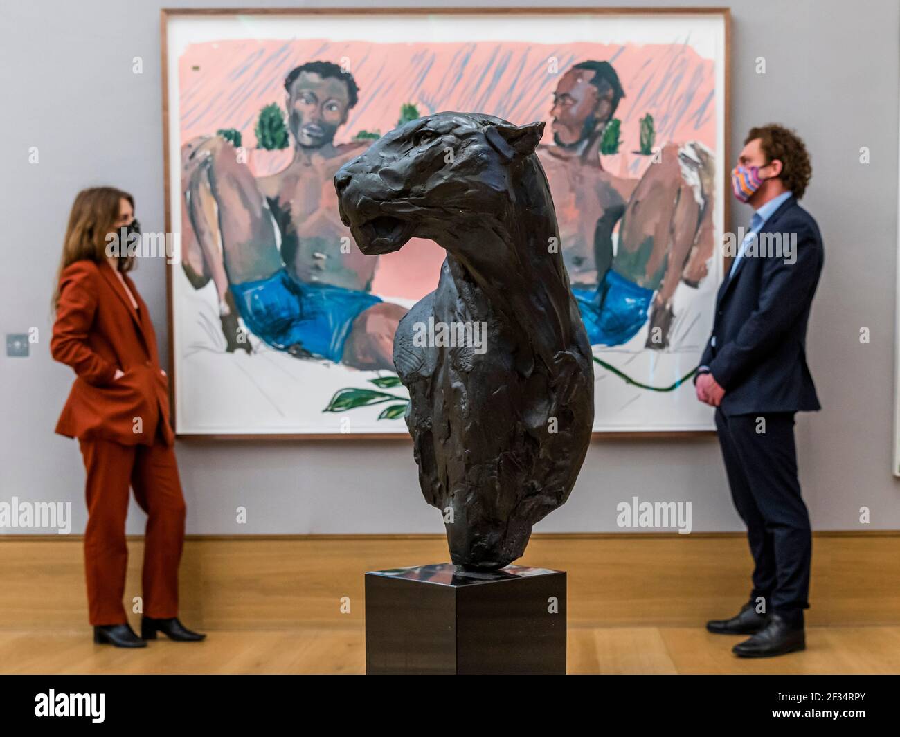 Londra, Regno Unito. 15 marzo 2021. Kudzanai-Violet Hwami (Zimbabwe, nato nel 1993), Adam e Steve si sono Uniti al ginocchio, uno studio. Preventivo: £30,000 - 50,000 con Dylan Lewis, busto leopardo, est £ 6,000 - 9,000 (primo piano) - Anteprima di Bonhams 'Modern & Contemporary African Art sale a Bonhams New Bond Street. La vendita stessa avrà luogo mercoledì 17 marzo. Credit: Guy Bell/Alamy Live News Foto Stock