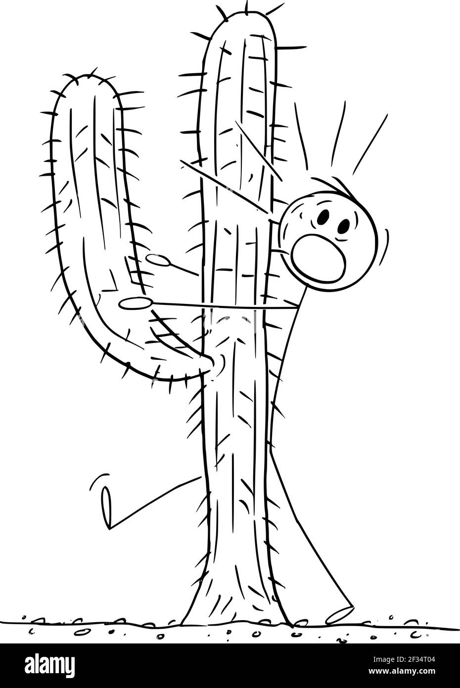 Man Walking in Desert Hit The Big Cactus, Vector Cartoon Stick Figure Illustrazione Illustrazione Vettoriale
