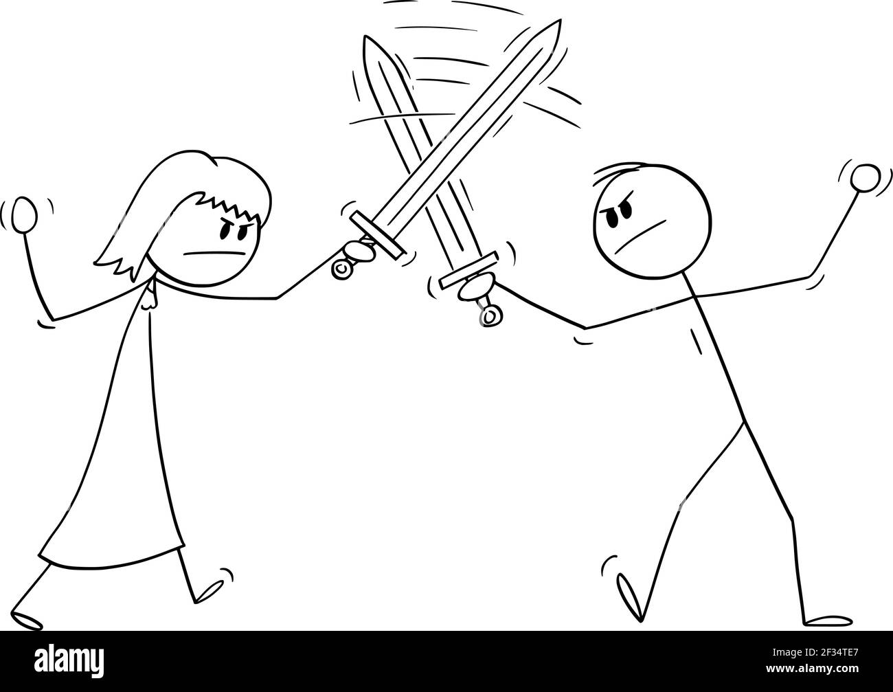Uomo e Donna combattendo con le spade, problema di relazione. Figura del bastone del cartone vettoriale Illustrazione Vettoriale