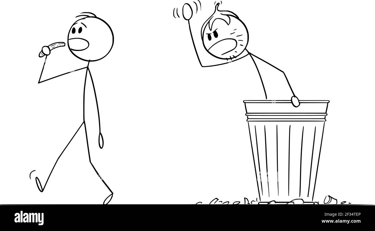 Mendicanti uomo senza casa vivere in spazzatura può , Vector Cartoon Stick Figura Illustrazione Illustrazione Vettoriale