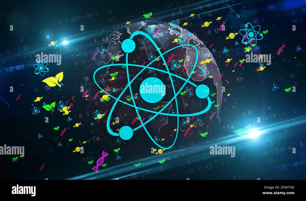 Simboli e icone della scienza e dell'istruzione sull'illustrazione 3d del globo digitale. Concetti astratti di base con fisica, chimica, biologia, astronomia e. Foto Stock