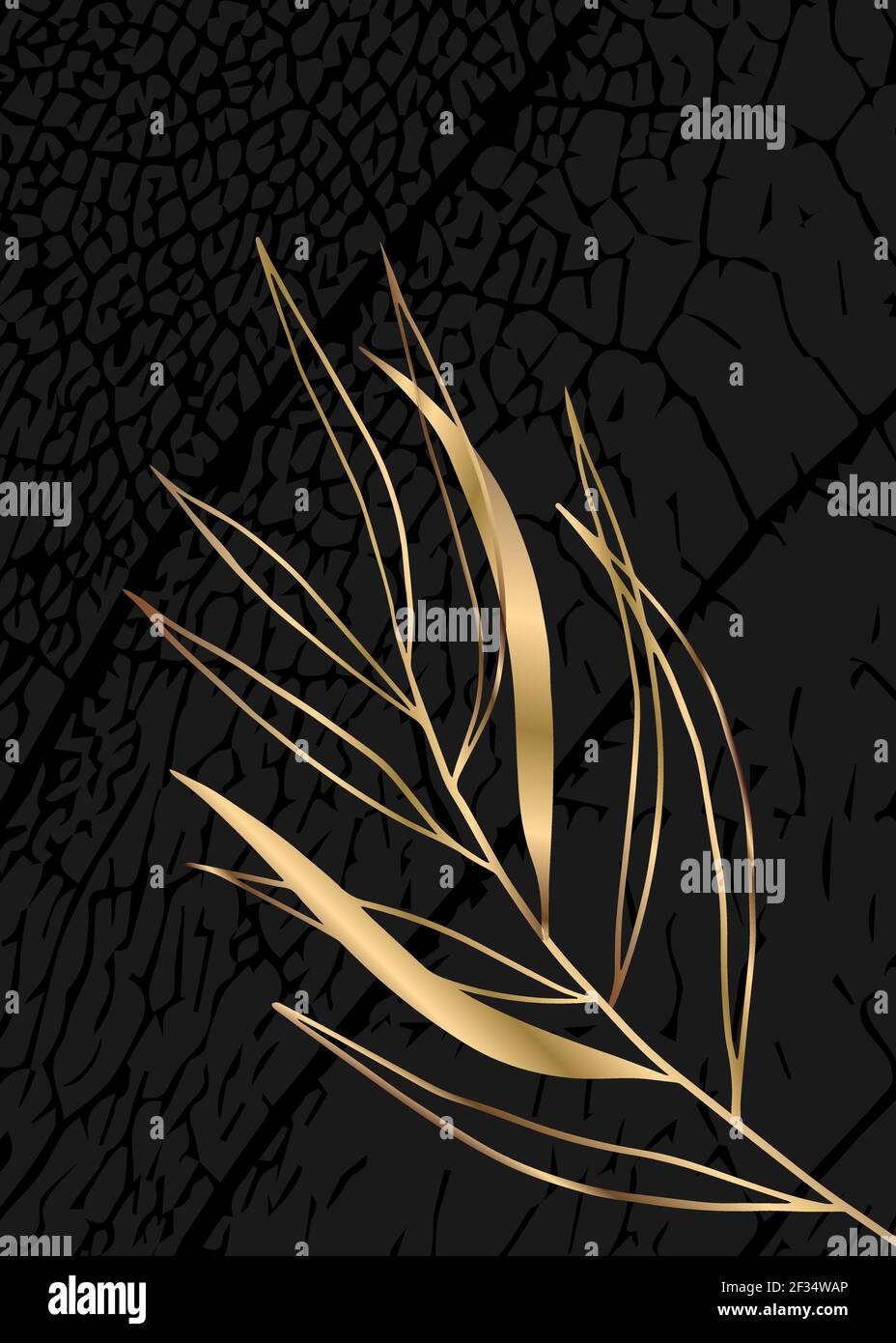 Illustrazione botanica minimalista. Profilo dorato di una pianta su sfondo nero. Adatto per poster, biglietti d'auguri, biglietti aziendali e biglietti d'auguri Illustrazione Vettoriale
