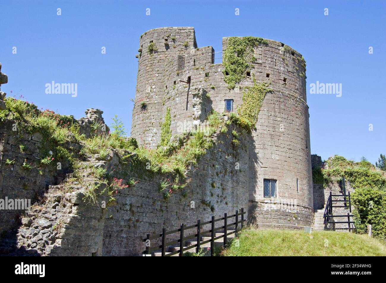 Vista del muro interno della tenda e del castello di Caldicot a Monboccuthshire, Galles. Il castello medievale è per lo più rovinato. Foto Stock