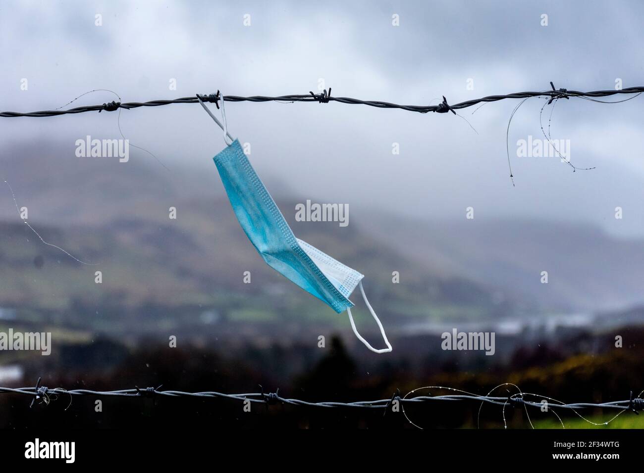 Ardara, Contea di Donegal, Irlanda. 15 marzo 2021. Facemask scartato visto in una passeggiata intorno al villaggio. L'eredità di Covid-19, coronavirus, non è solo circa la perdita della vita ma ha avuto un effetto immenso sull'ambiente in termini di figliata. Le maschere sono essenziali per la gente che entra nei negozi per esempio. Credit: Richard Wayman/Alamy Live News Foto Stock