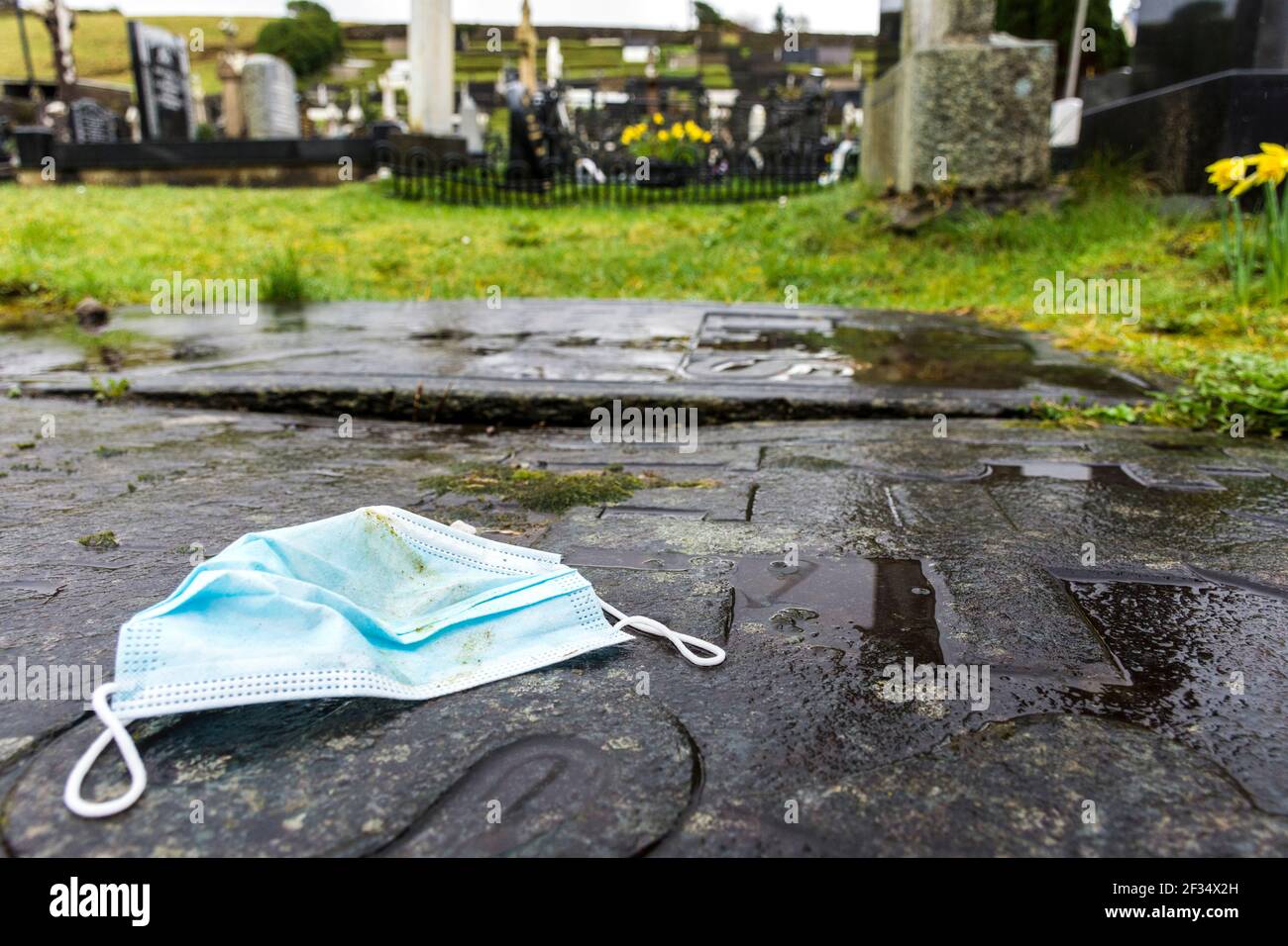 Ardara, Contea di Donegal, Irlanda. 15 marzo 2021. Facemask scartato visto in una passeggiata intorno al villaggio. L'eredità di Covid-19, coronavirus, non è solo circa la perdita della vita ma ha avuto un effetto immenso sull'ambiente in termini di figliata. Le maschere sono essenziali per la gente che entra nei negozi per esempio. Credit: Richard Wayman/Alamy Live News Foto Stock