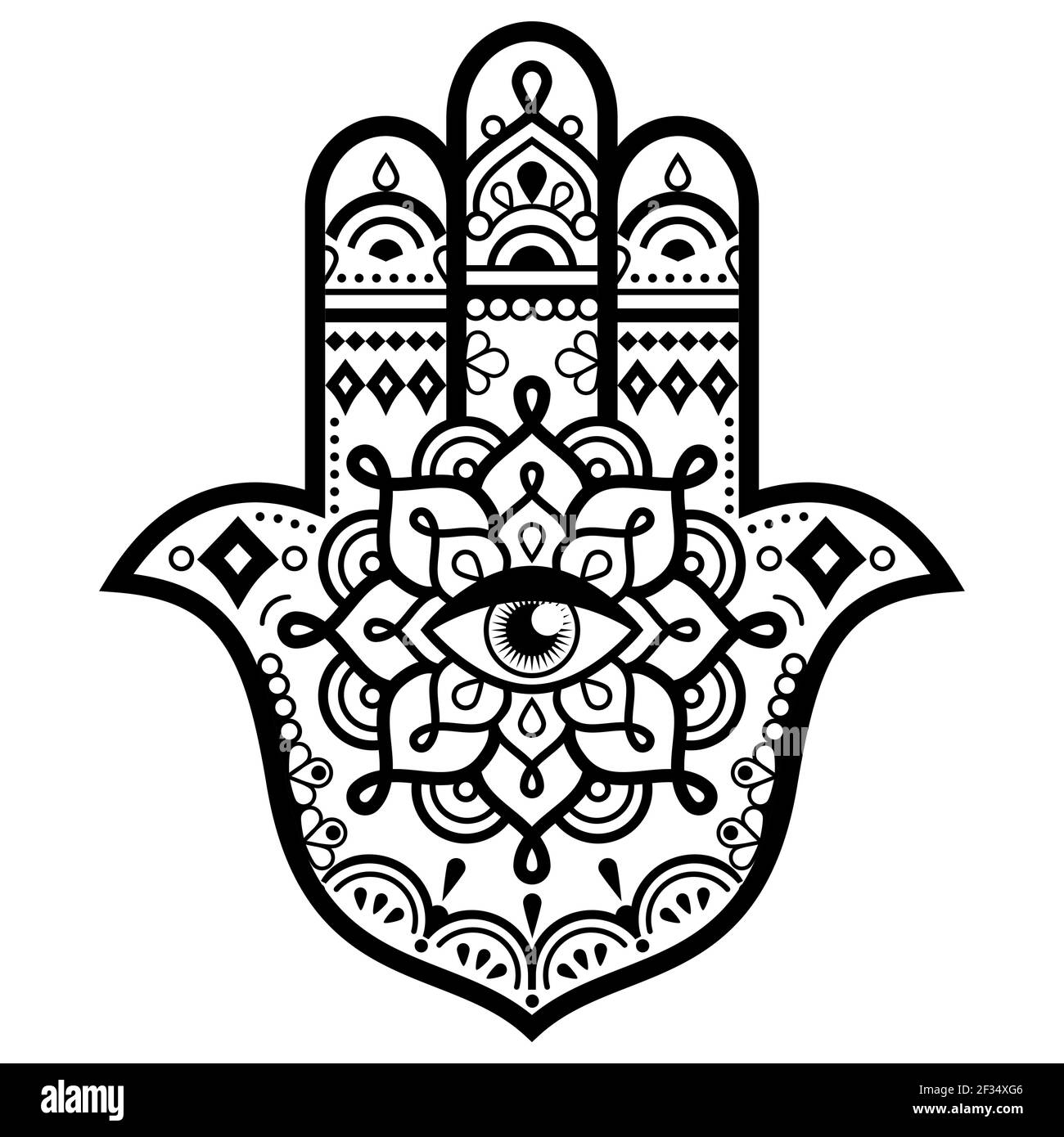 Mano Hamsa con disegno vettoriale mandala - occhio maligno decorativo simbolo di protezione Illustrazione Vettoriale