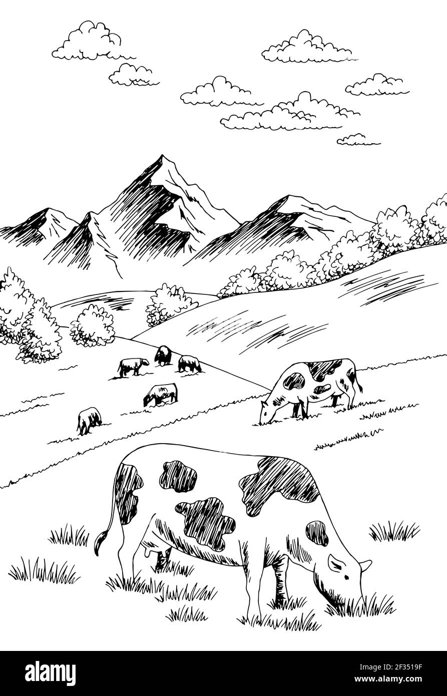 Mucche che nutrono erba sulla collina grafica bianco nero verticale vettore di illustrazione dello schizzo Illustrazione Vettoriale