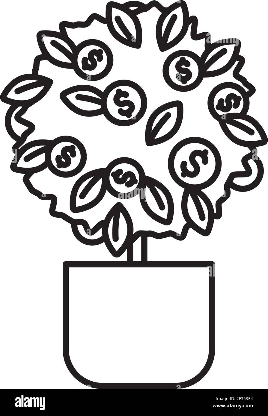 Albero di denaro, pianta in vaso con monete in dollari icona della linea vettoriale per la Giornata Mondiale del risparmio il 31 ottobre Illustrazione Vettoriale