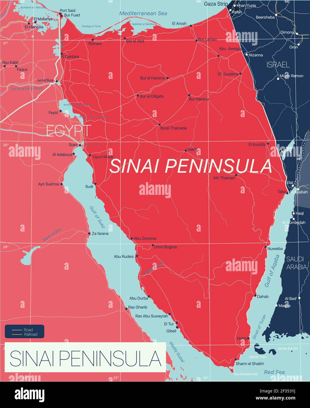 Penisola del Sinai dettagliata mappa modificabile con regioni città e città, strade e ferrovie, siti geografici. File vettoriale EPS-10 Illustrazione Vettoriale